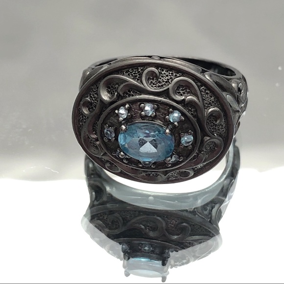 Blue Topaz Oxidized Sterling Silver Ornate Scroll Ring 10 - Picture 4 of 16